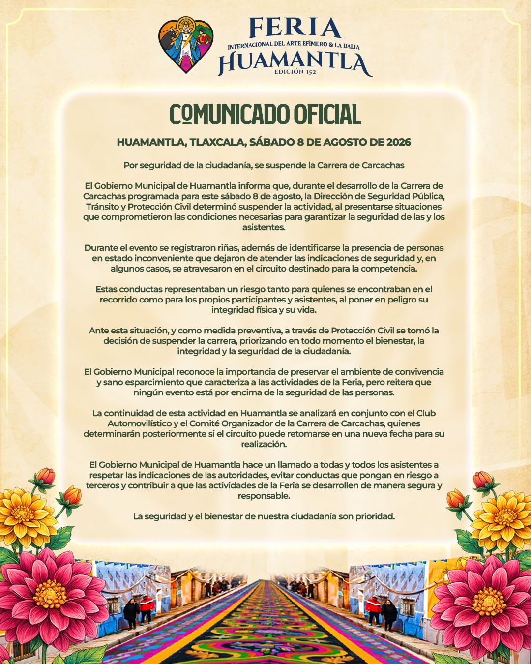 Por seguridad de la ciudadanía, se suspende la Carrera de Carcachas
